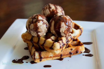 Waffles with ice-cream and chocolate peanut sauce